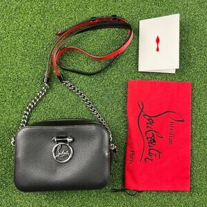 Christian Louboutin Paloma Empire Black Calfskin Leather Crossbody Bag Red Strap